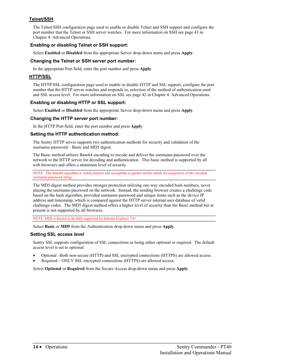 Telnet/ssh, Http/ssl | Sentry Industries PT40 User Manual | Page 18 / 64
