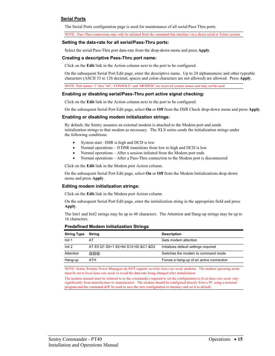 Serial ports | Sentry Industries PT40 User Manual | Page 19 / 64