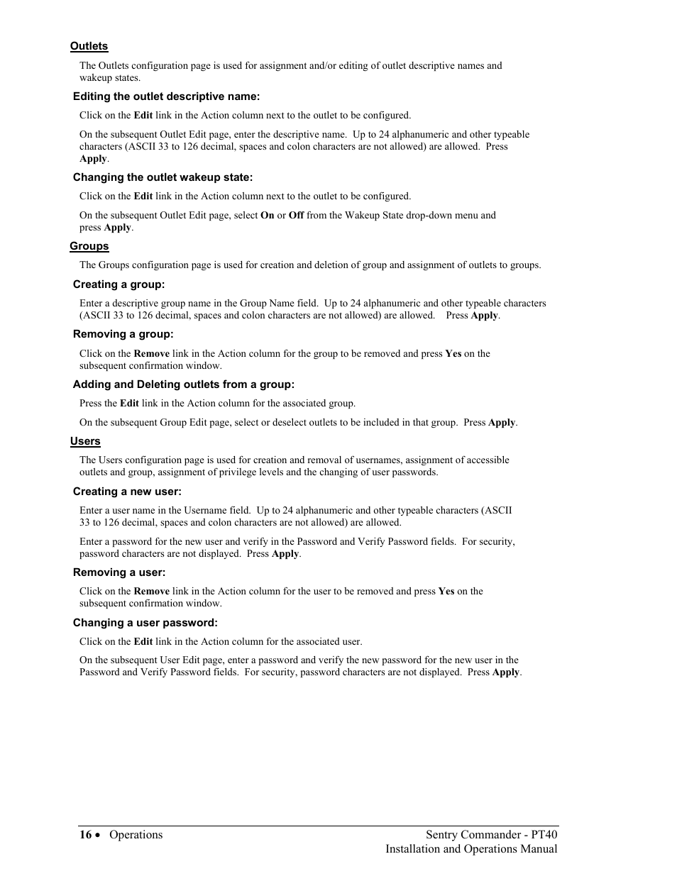 Outlets, Groups, Users | Sentry Industries PT40 User Manual | Page 20 / 64