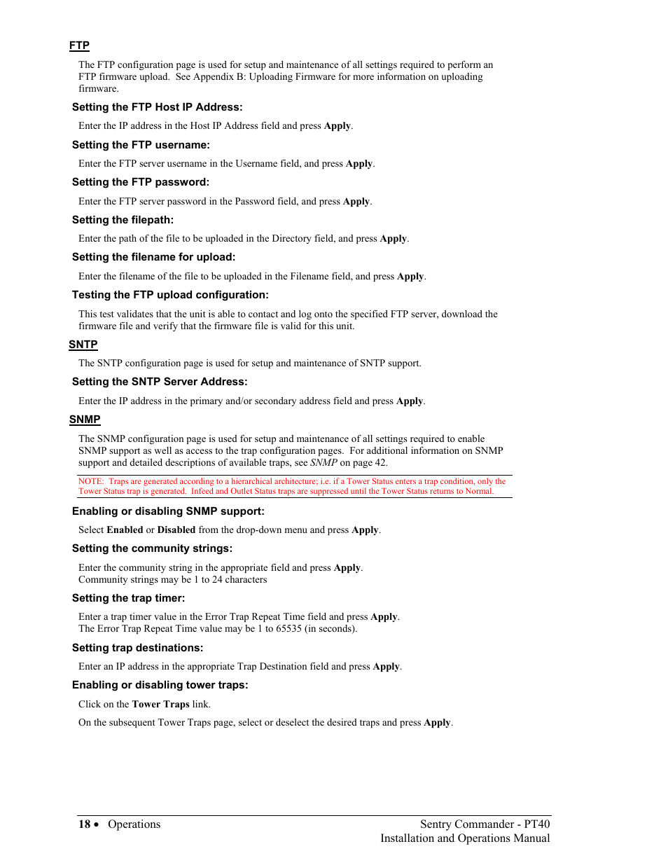 Sntp, Snmp | Sentry Industries PT40 User Manual | Page 22 / 64