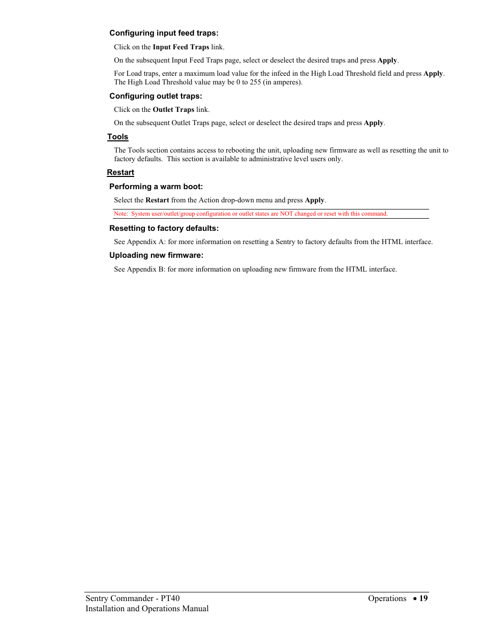 Tools, Restart, Performing a warm boot: on pag | Sentry Industries PT40 User Manual | Page 23 / 64
