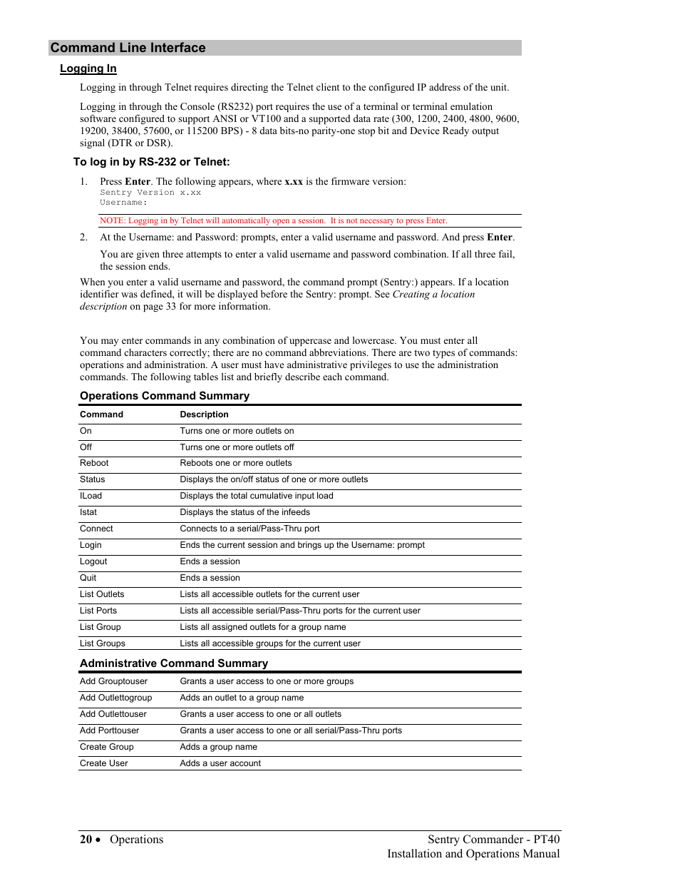 Command line interface, Logging in, Ommand | Nterface | Sentry Industries PT40 User Manual | Page 24 / 64