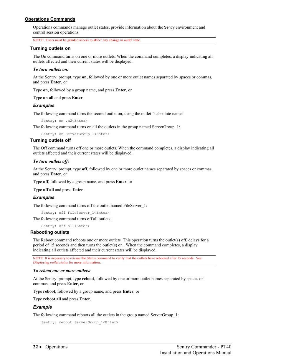 Operations commands | Sentry Industries PT40 User Manual | Page 26 / 64