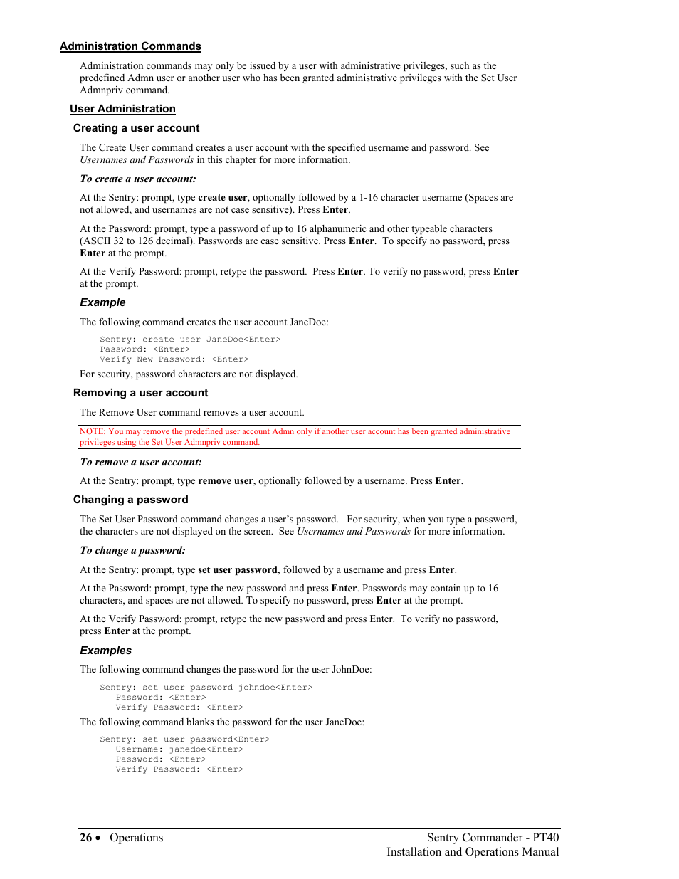 Administration commands, User administration | Sentry Industries PT40 User Manual | Page 30 / 64