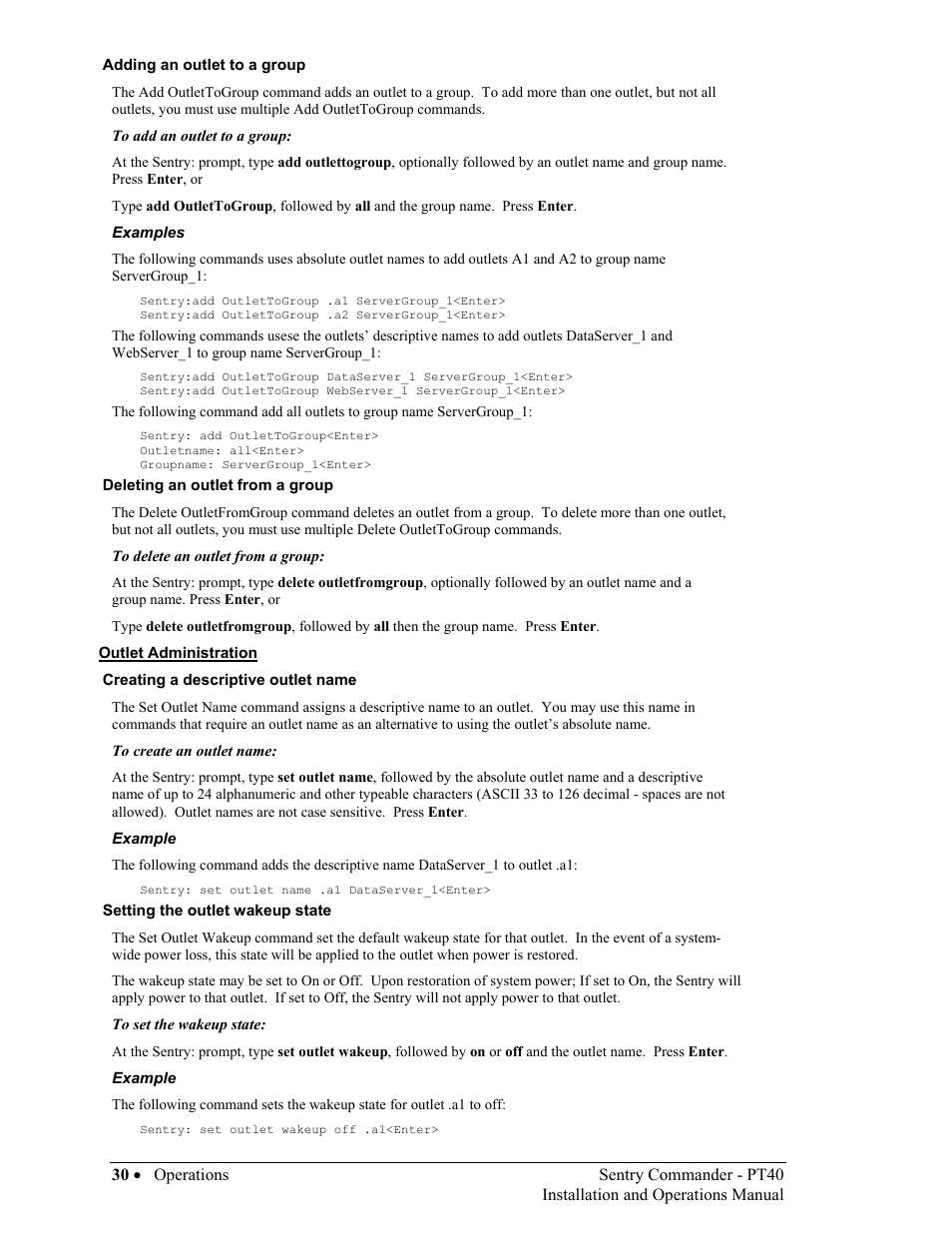 Outlet administration | Sentry Industries PT40 User Manual | Page 34 / 64