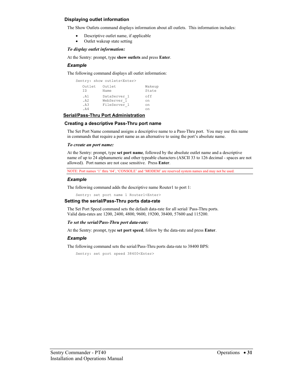 Serial/pass-thru port administration | Sentry Industries PT40 User Manual | Page 35 / 64