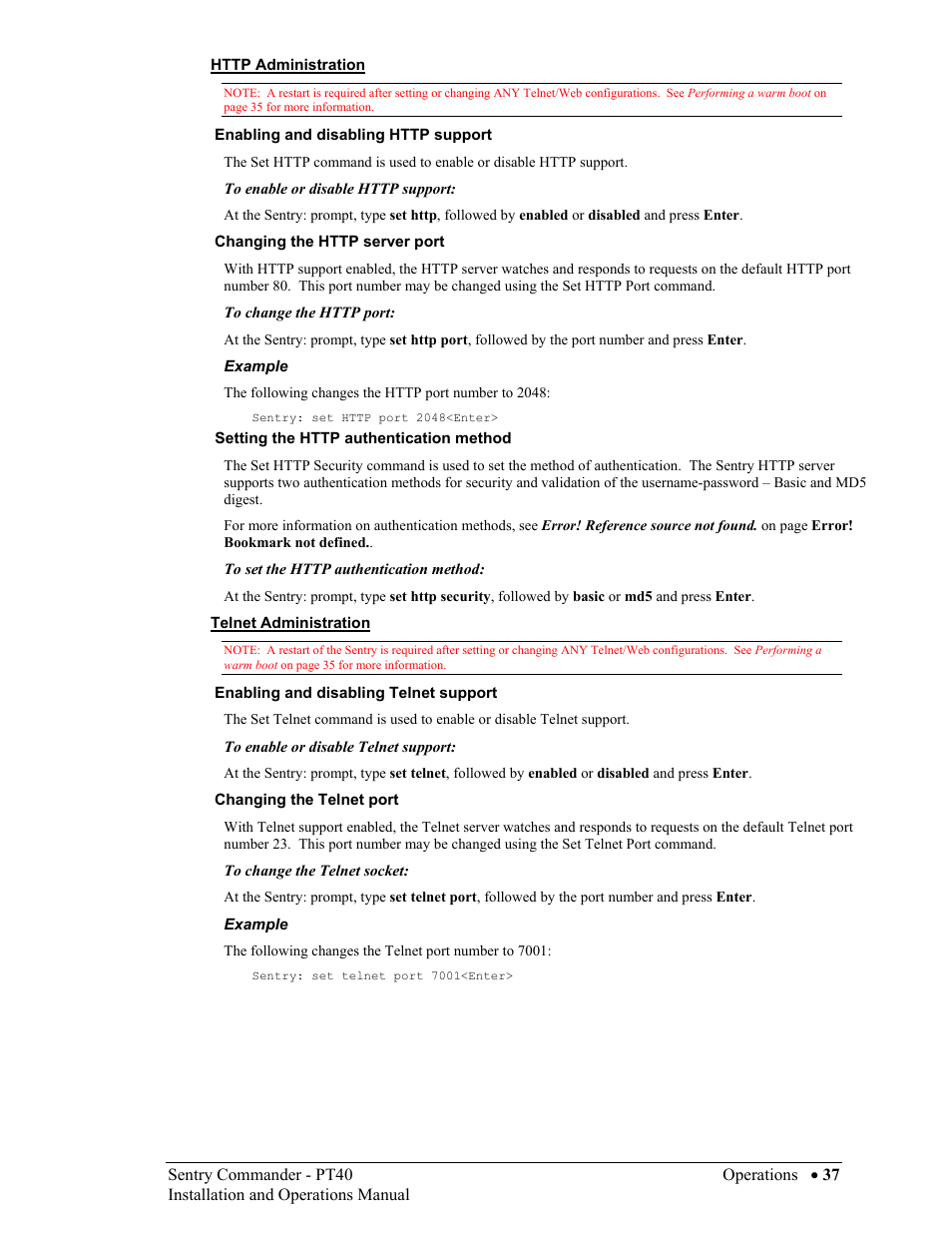 Http administration, Telnet administration | Sentry Industries PT40 User Manual | Page 41 / 64