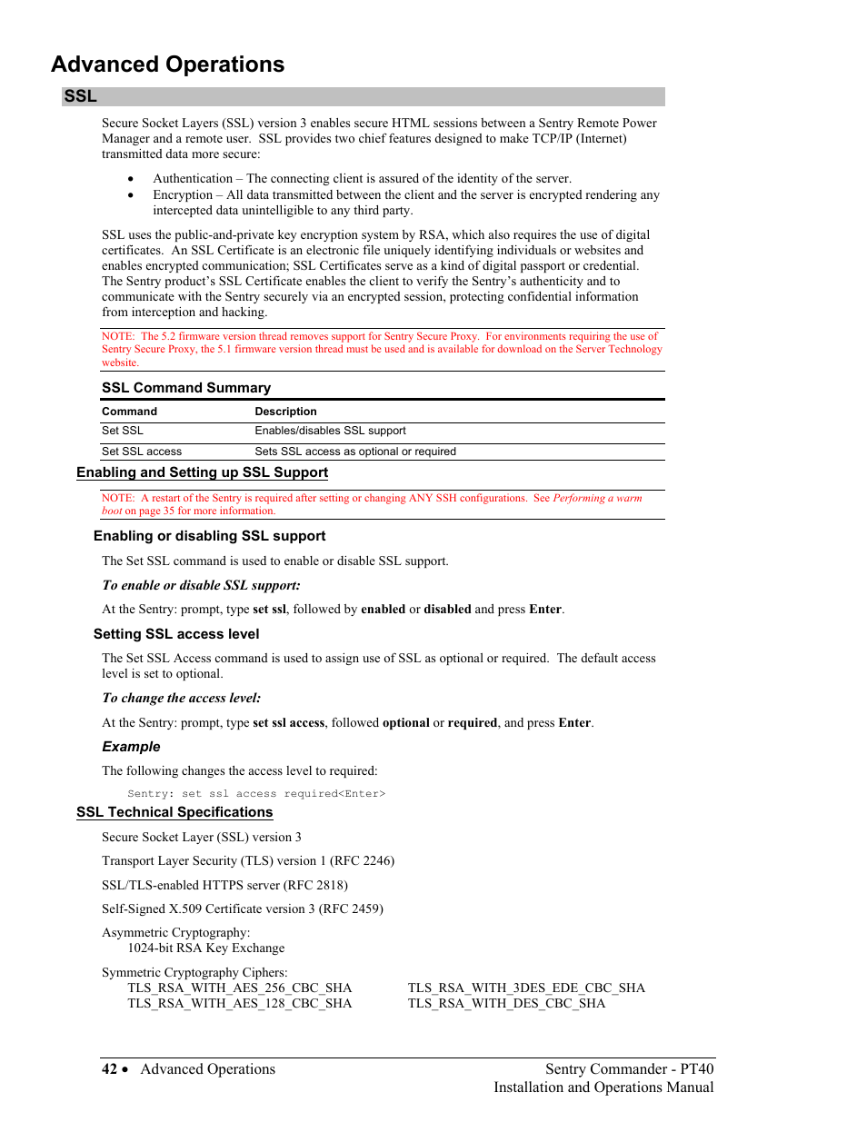 Enabling and setting up ssl support, Ssl technical specifications, Advanced operations | Sentry Industries PT40 User Manual | Page 46 / 64