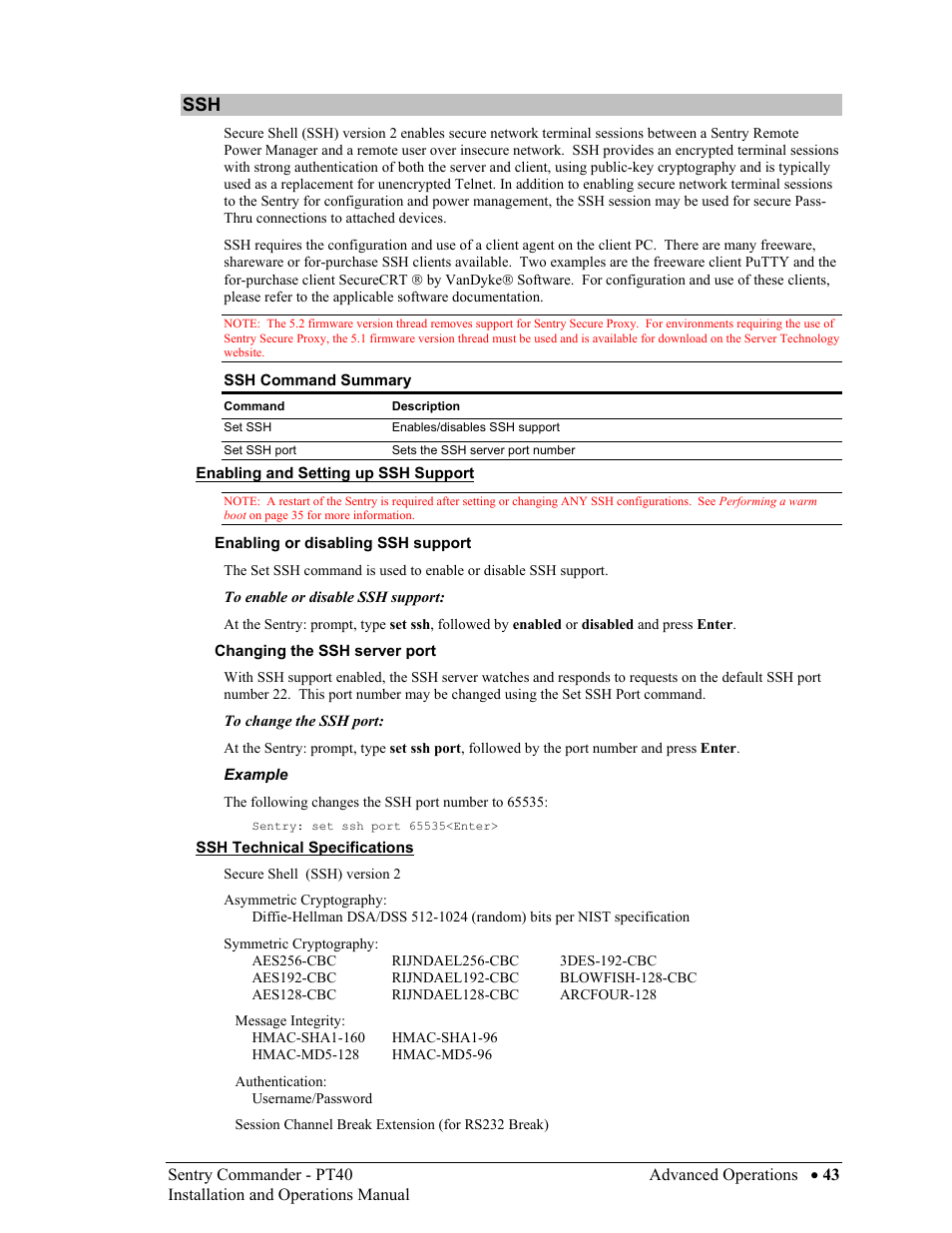Enabling and setting up ssh support, Ssh technical specifications, 43 in | Sentry Industries PT40 User Manual | Page 47 / 64