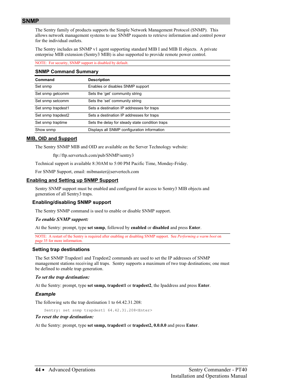 Snmp, Mib, oid and support, Enabling and setting up snmp support | Snmp 44 | Sentry Industries PT40 User Manual | Page 48 / 64