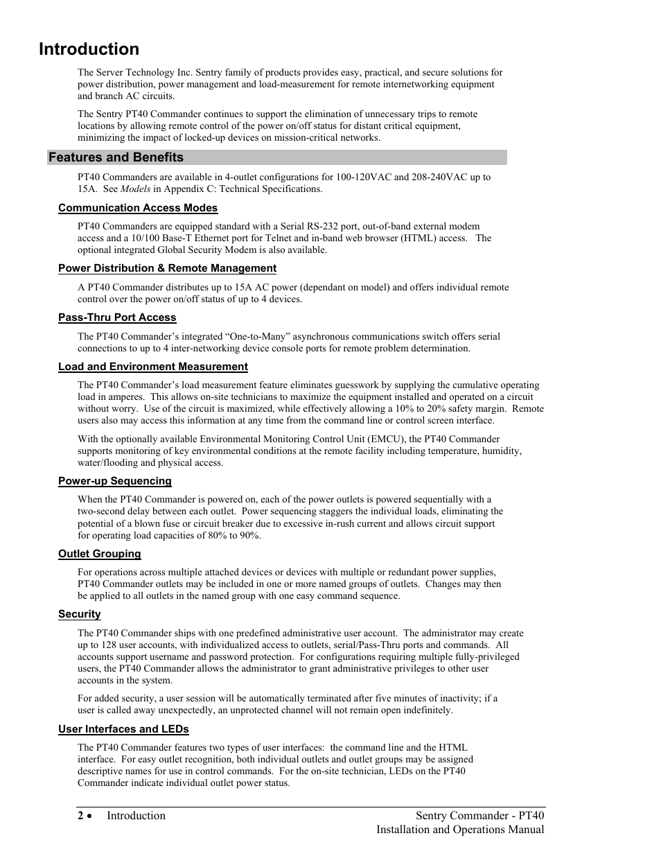 Features and benefits, Communication access modes, Power distribution & remote management | Pass-thru port access, Load and environment measurement, Power-up sequencing, Outlet grouping, Security, User interfaces and leds, Eatures and | Sentry Industries PT40 User Manual | Page 6 / 64