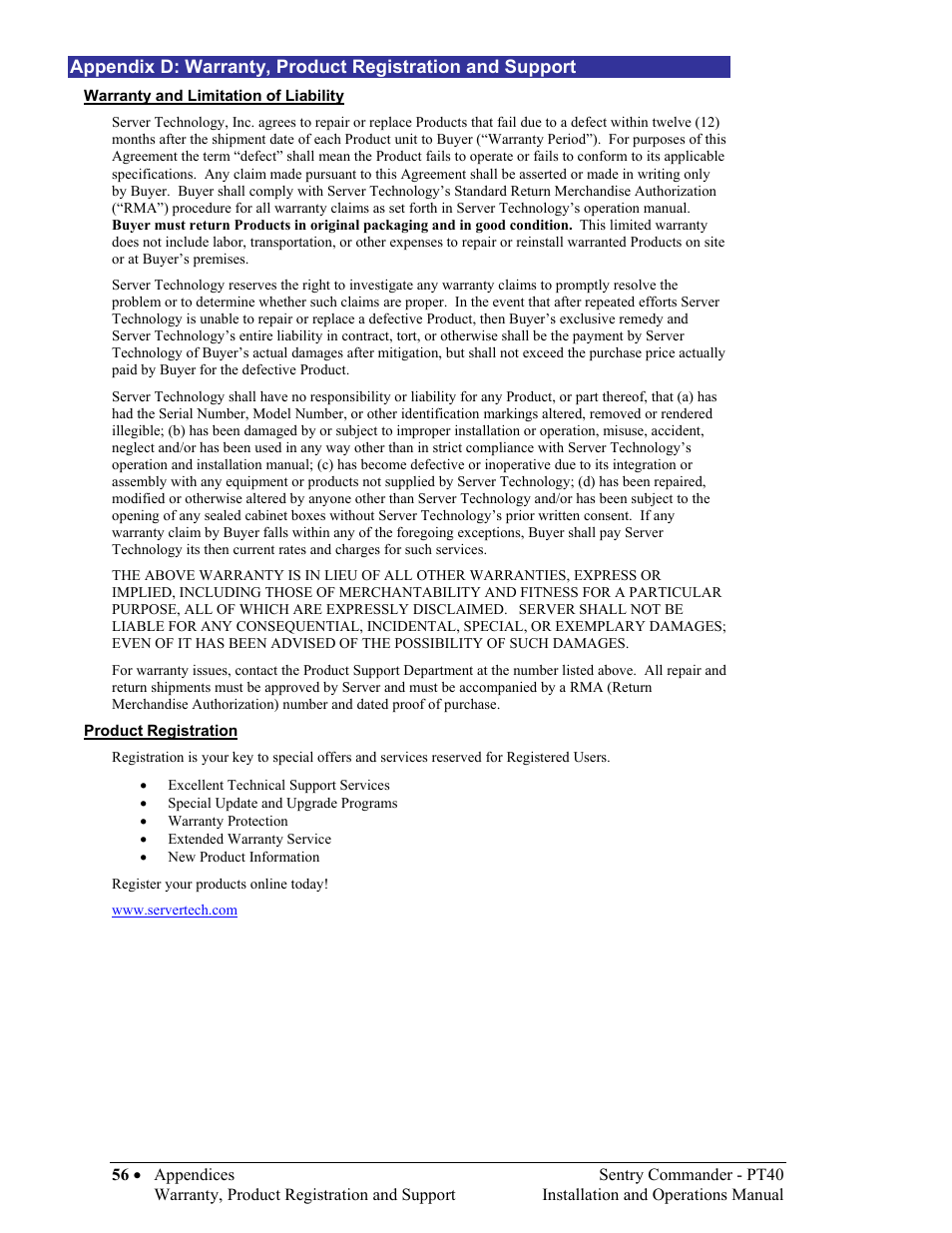 Warranty and limitation of liability, Product registration, Arranty, product registration and support for m | Ppendix, D: w, Arranty, Roduct, Egistration and, Upport | Sentry Industries PT40 User Manual | Page 60 / 64