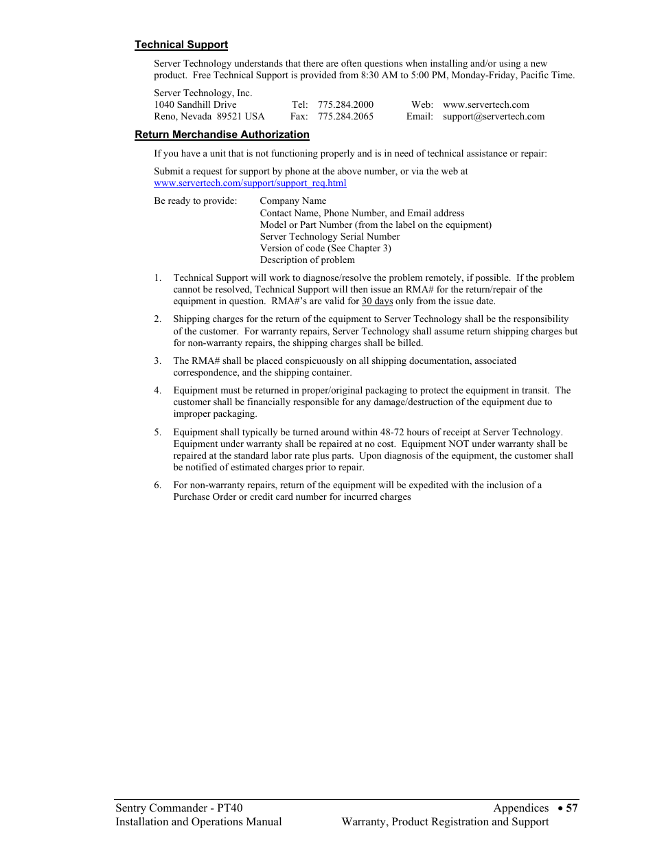Technical support, Return merchandise authorization, Technical support in w | Sentry Industries PT40 User Manual | Page 61 / 64