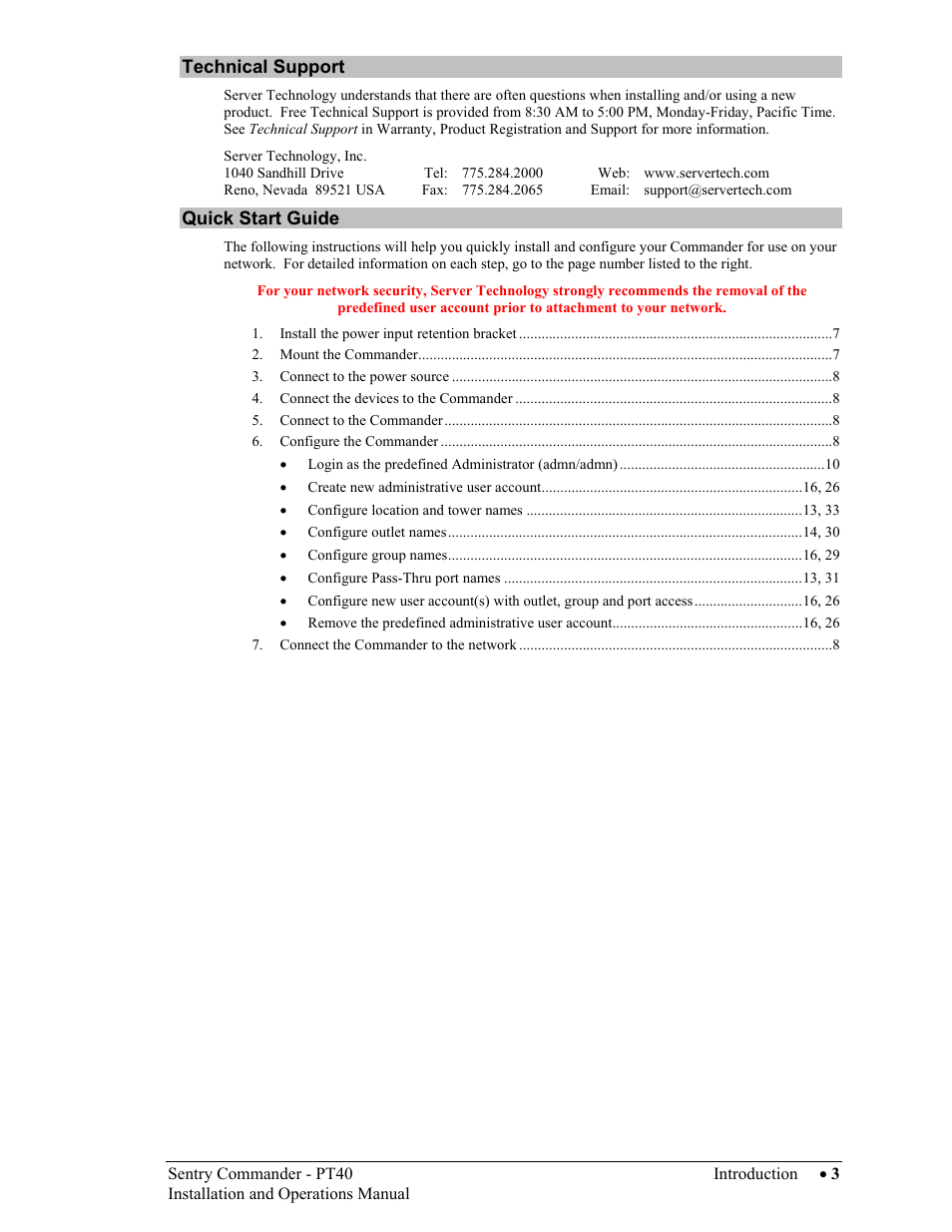 Technical support, Quick start guide, Echnical | Upport, Uick, Tart, Uide | Sentry Industries PT40 User Manual | Page 7 / 64