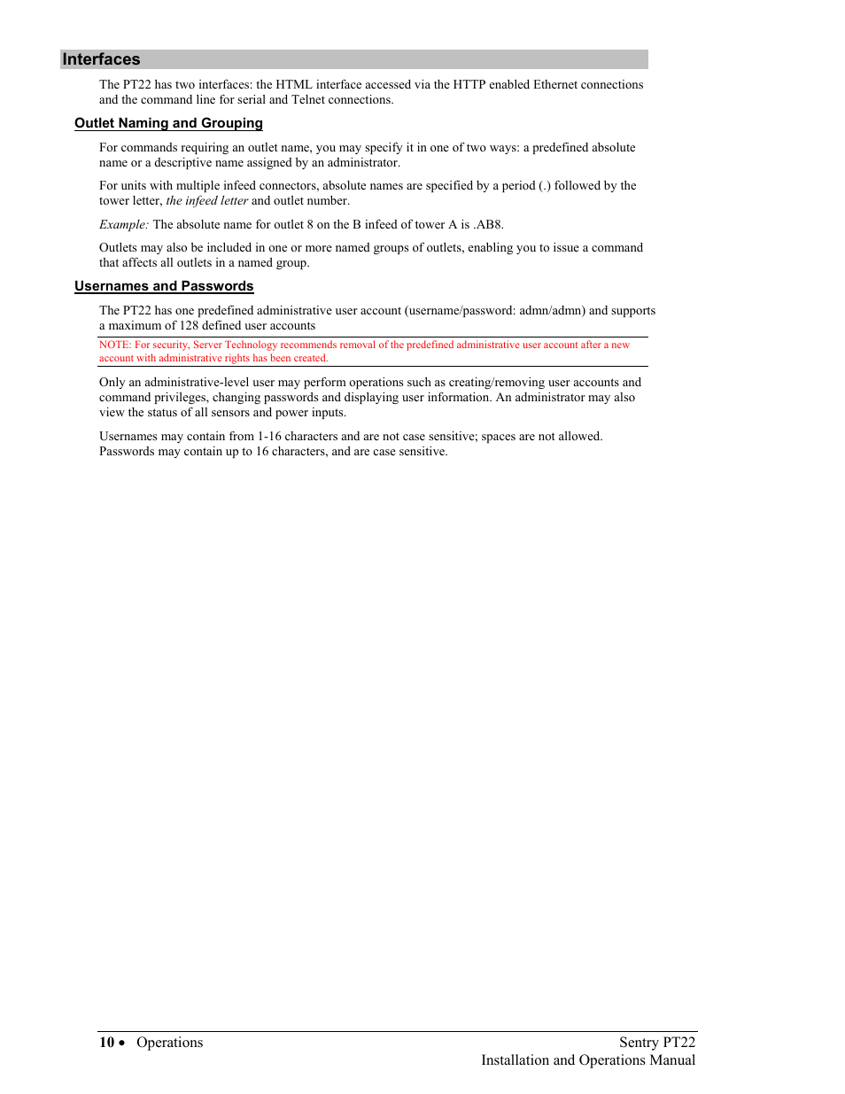 Interfaces, Outlet naming and grouping, Usernames and passwords | Nterfaces, Outlet naming and grouping 10, Usernames and passwords 10 | Sentry Industries PT22 User Manual | Page 10 / 74