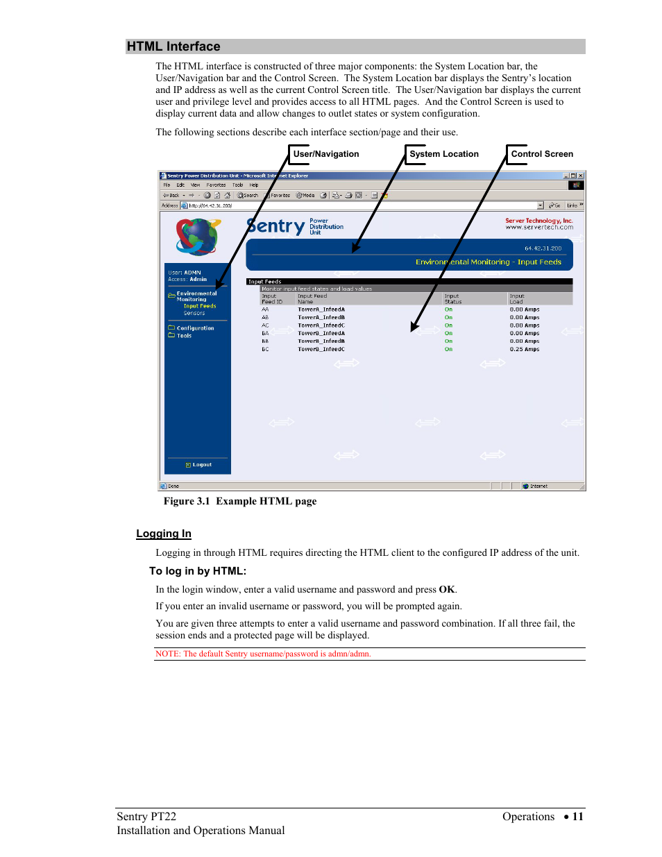Html interface, Logging in, To log in by html | Html, Nterface | Sentry Industries PT22 User Manual | Page 11 / 74