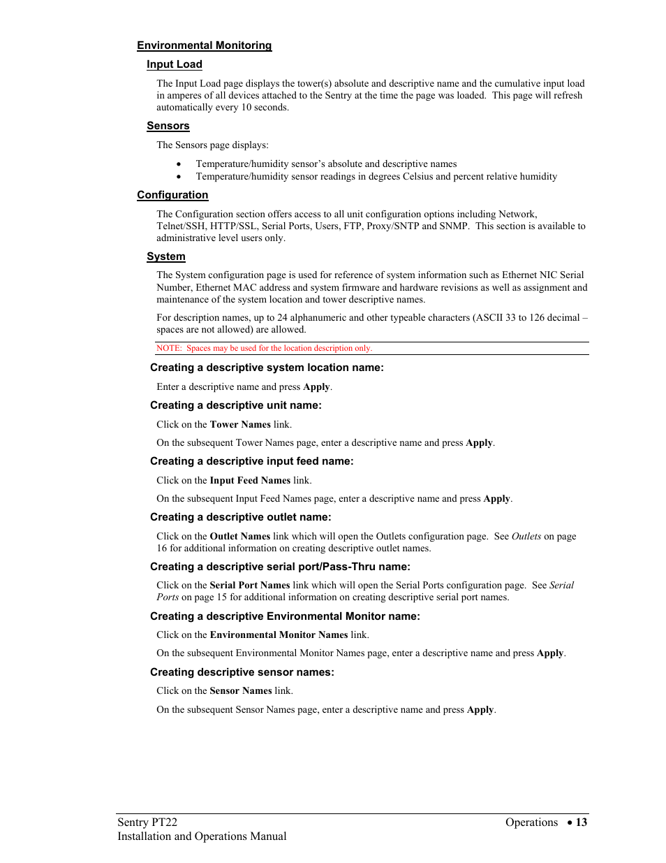 Environmental monitoring, Input load, Sensors | Configuration, System, Creating a descriptive system location name, Creating a descriptive unit name, Creating a descriptive input feed name, Creating a descriptive outlet name, Creating a descriptive serial port/pass-thru name | Sentry Industries PT22 User Manual | Page 13 / 74