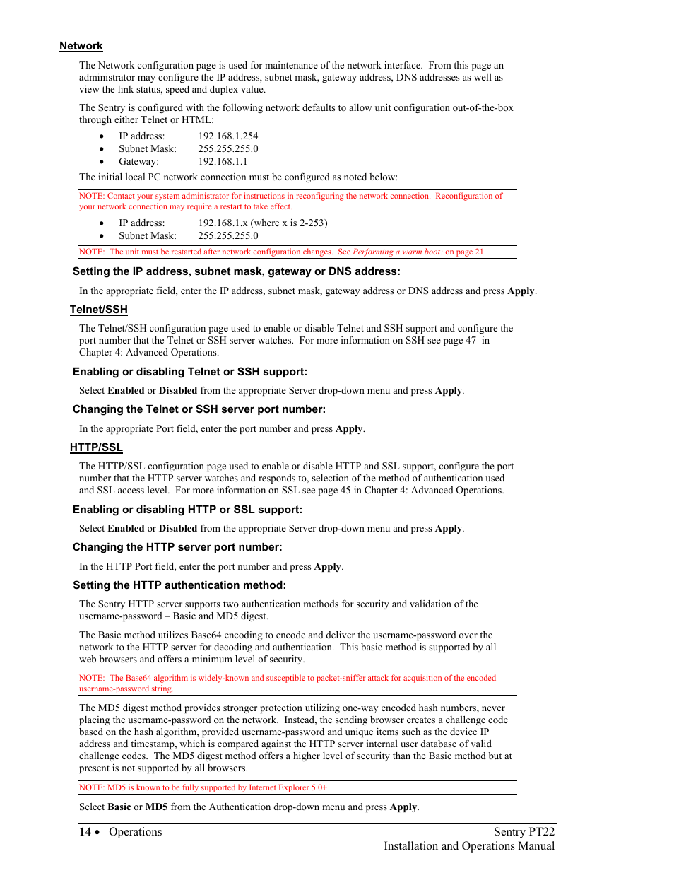 Network, Telnet/ssh, Enabling or disabling telnet or ssh support | Changing the telnet or ssh server port number, Http/ssl, Enabling or disabling http or ssl support, Changing the http server port number, Setting the http authentication method | Sentry Industries PT22 User Manual | Page 14 / 74