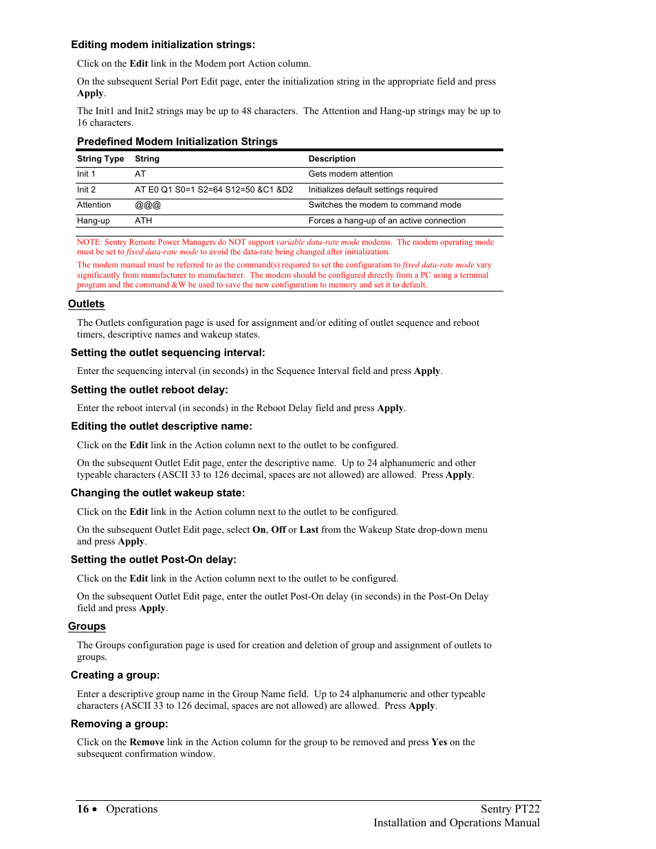 Editing modem initialization strings, Outlets, Setting the outlet sequencing interval | Setting the outlet reboot delay, Editing the outlet descriptive name, Changing the outlet wakeup state, Setting the outlet post-on delay, Groups, Creating a group, Removing a group | Sentry Industries PT22 User Manual | Page 16 / 74
