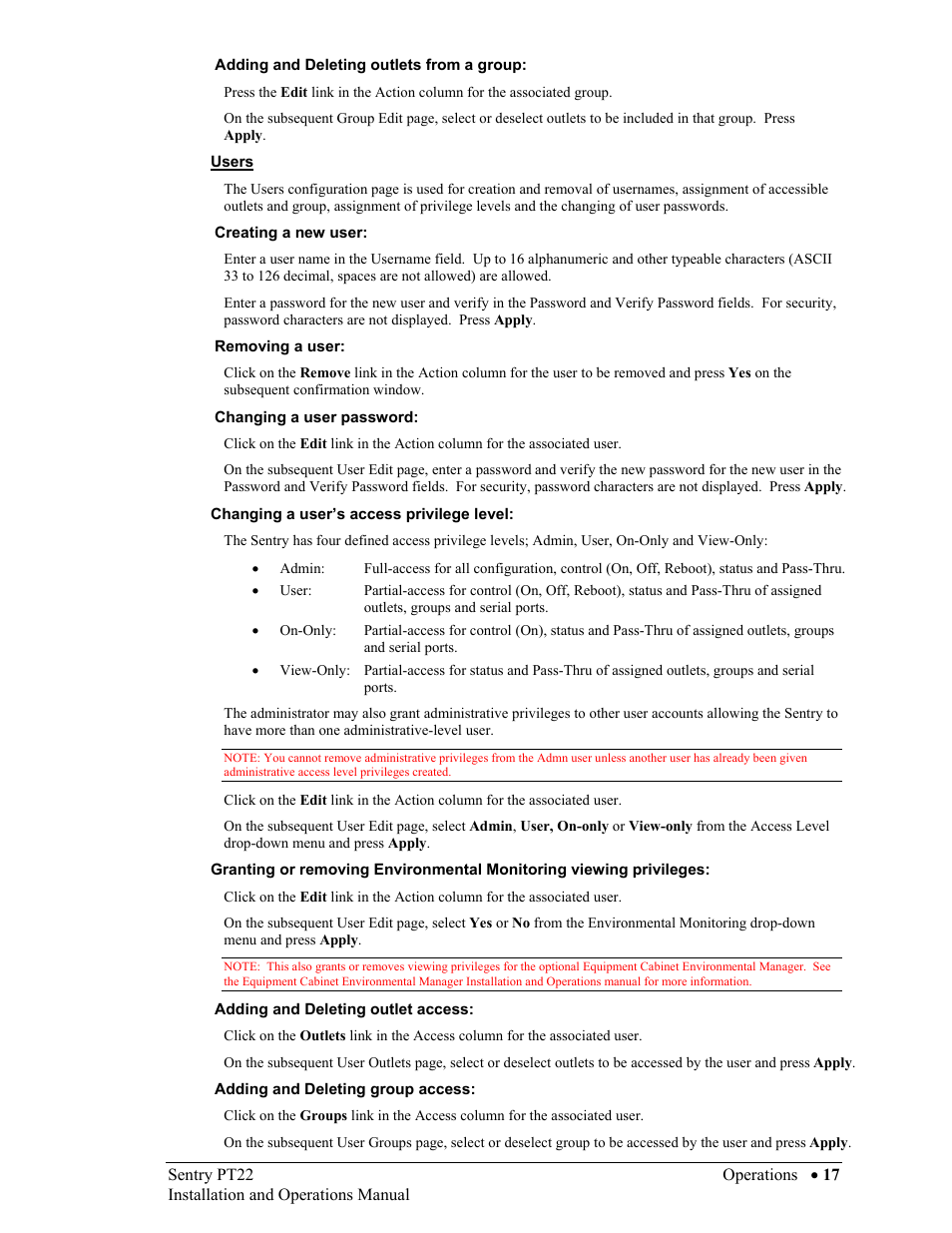 Adding and deleting outlets from a group, Users, Creating a new user | Removing a user, Changing a user password, Changing a user’s access privilege level, Adding and deleting outlet access, Adding and deleting group access | Sentry Industries PT22 User Manual | Page 17 / 74