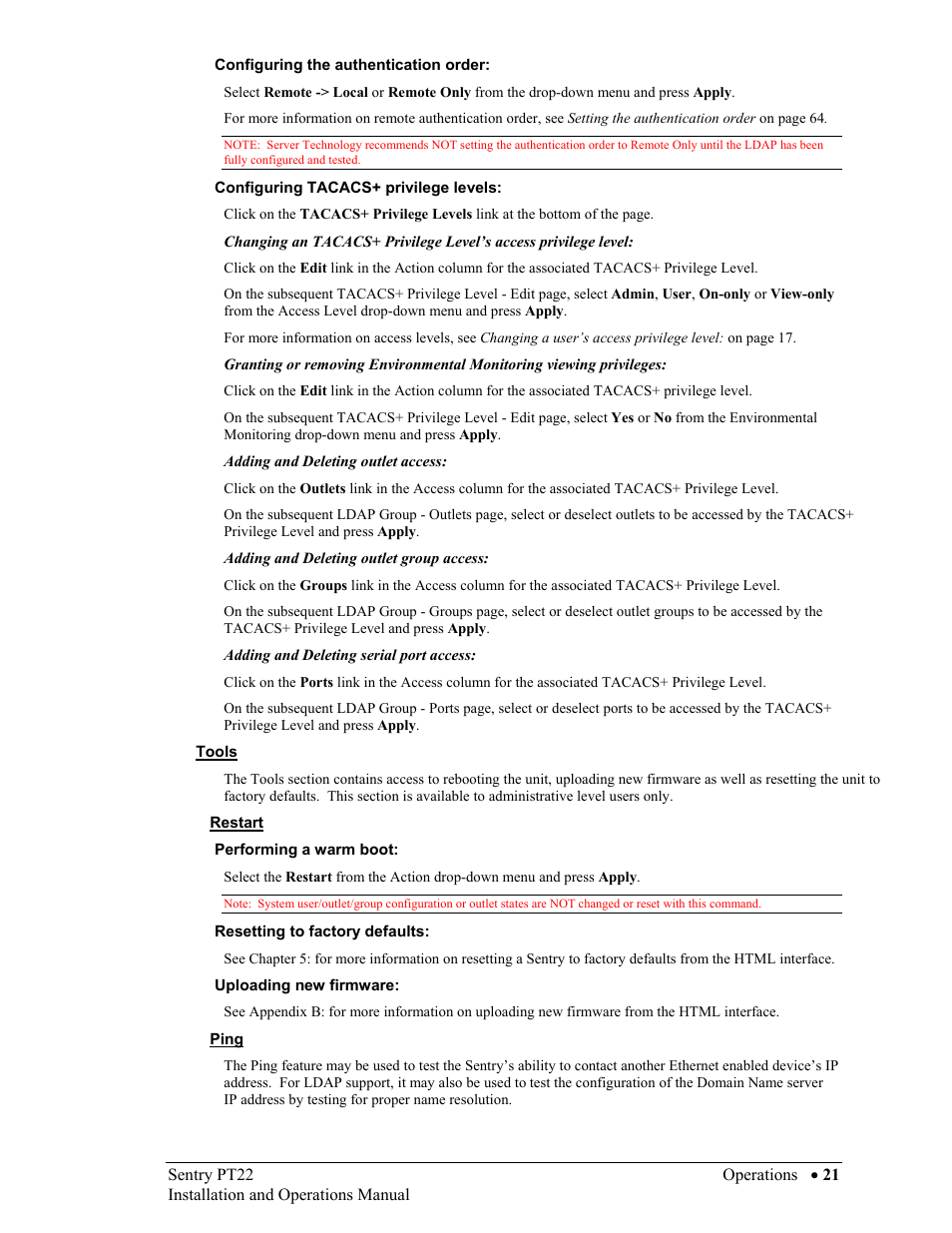Configuring the authentication order, Configuring tacacs+ privilege levels, Tools | Restart, Performing a warm boot, Resetting to factory defaults, Uploading new firmware, Ping, Performing a warm boot: on pag | Sentry Industries PT22 User Manual | Page 21 / 74