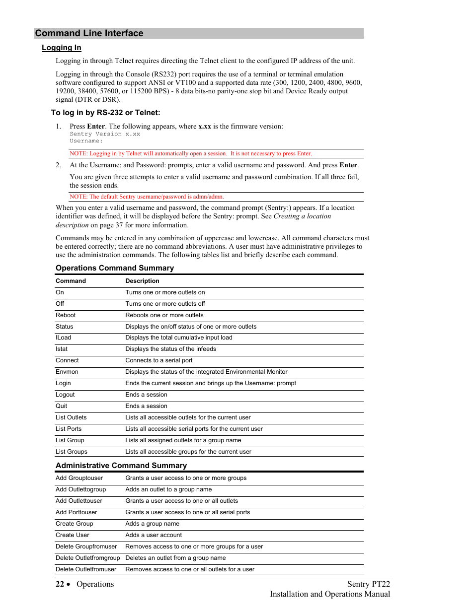 Command line interface, Logging in, To log in by rs-232 or telnet | Ommand, Nterface | Sentry Industries PT22 User Manual | Page 22 / 74