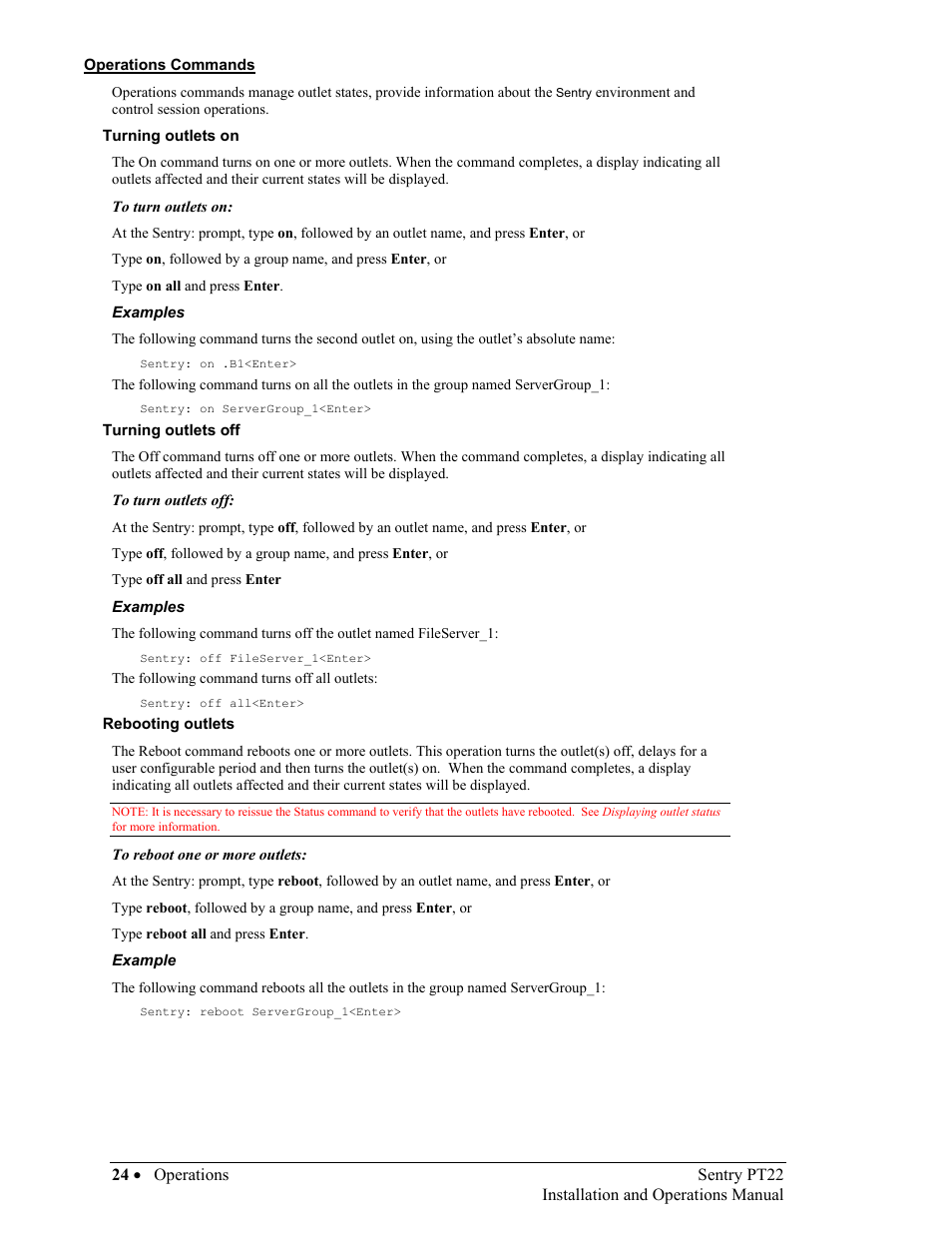 Operations commands, Turning outlets on, Turning outlets off | Rebooting outlets, Operations commands 24 | Sentry Industries PT22 User Manual | Page 24 / 74