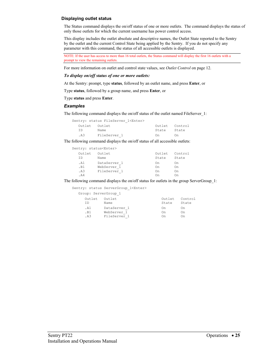 Displaying outlet status | Sentry Industries PT22 User Manual | Page 25 / 74