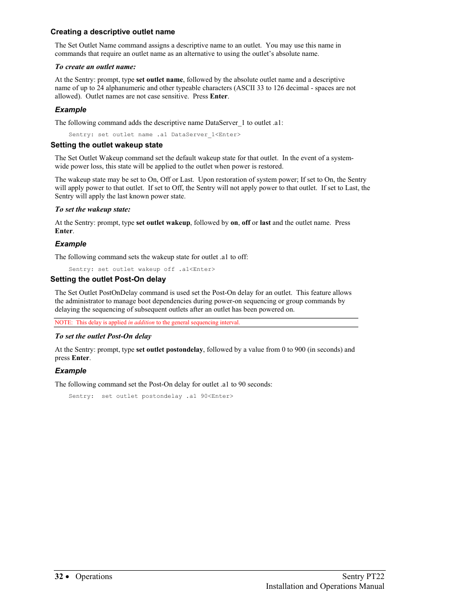 Creating a descriptive outlet name, Setting the outlet wakeup state, Setting the outlet post-on delay | Sentry Industries PT22 User Manual | Page 32 / 74