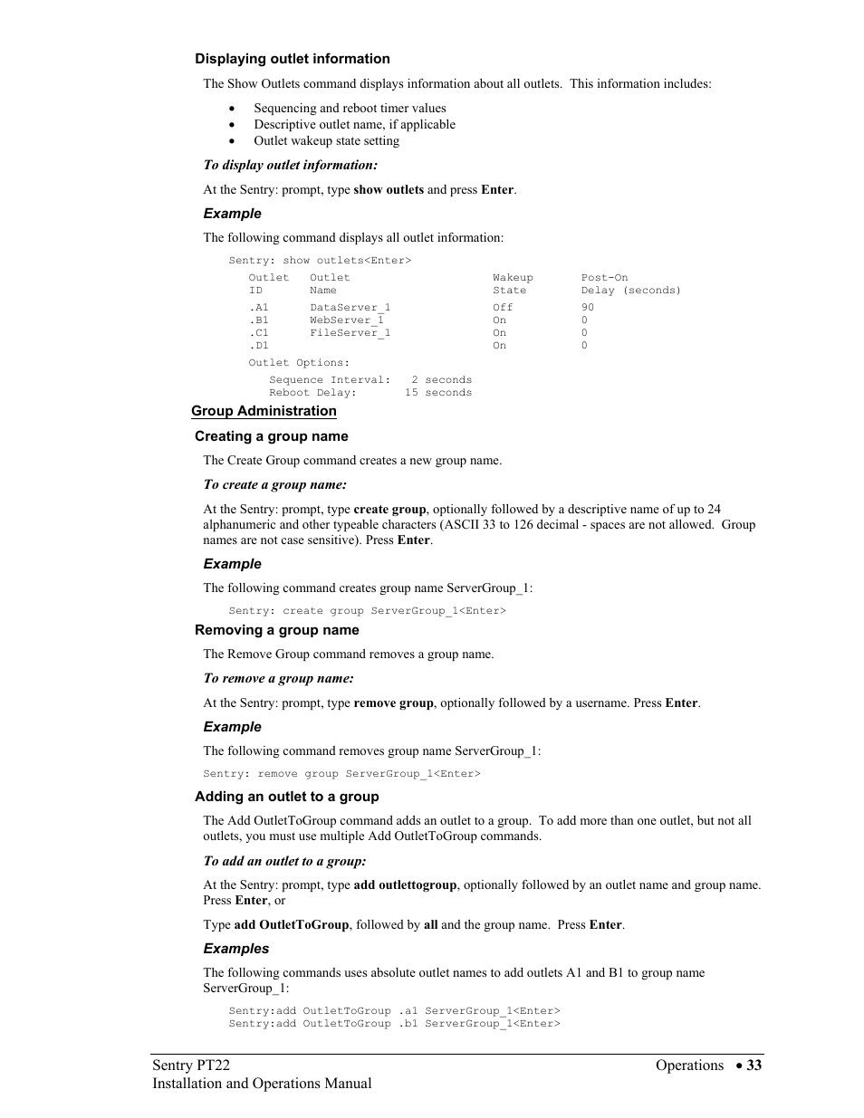 Displaying outlet information, Group administration, Creating a group name | Removing a group name, Adding an outlet to a group | Sentry Industries PT22 User Manual | Page 33 / 74