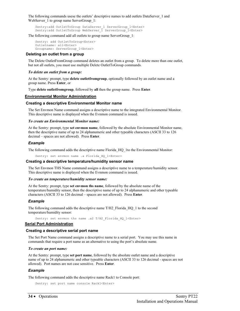 Deleting an outlet from a group, Environmental monitor administration, Creating a descriptive environmental monitor name | Serial port administration, Creating a descriptive serial port name | Sentry Industries PT22 User Manual | Page 34 / 74