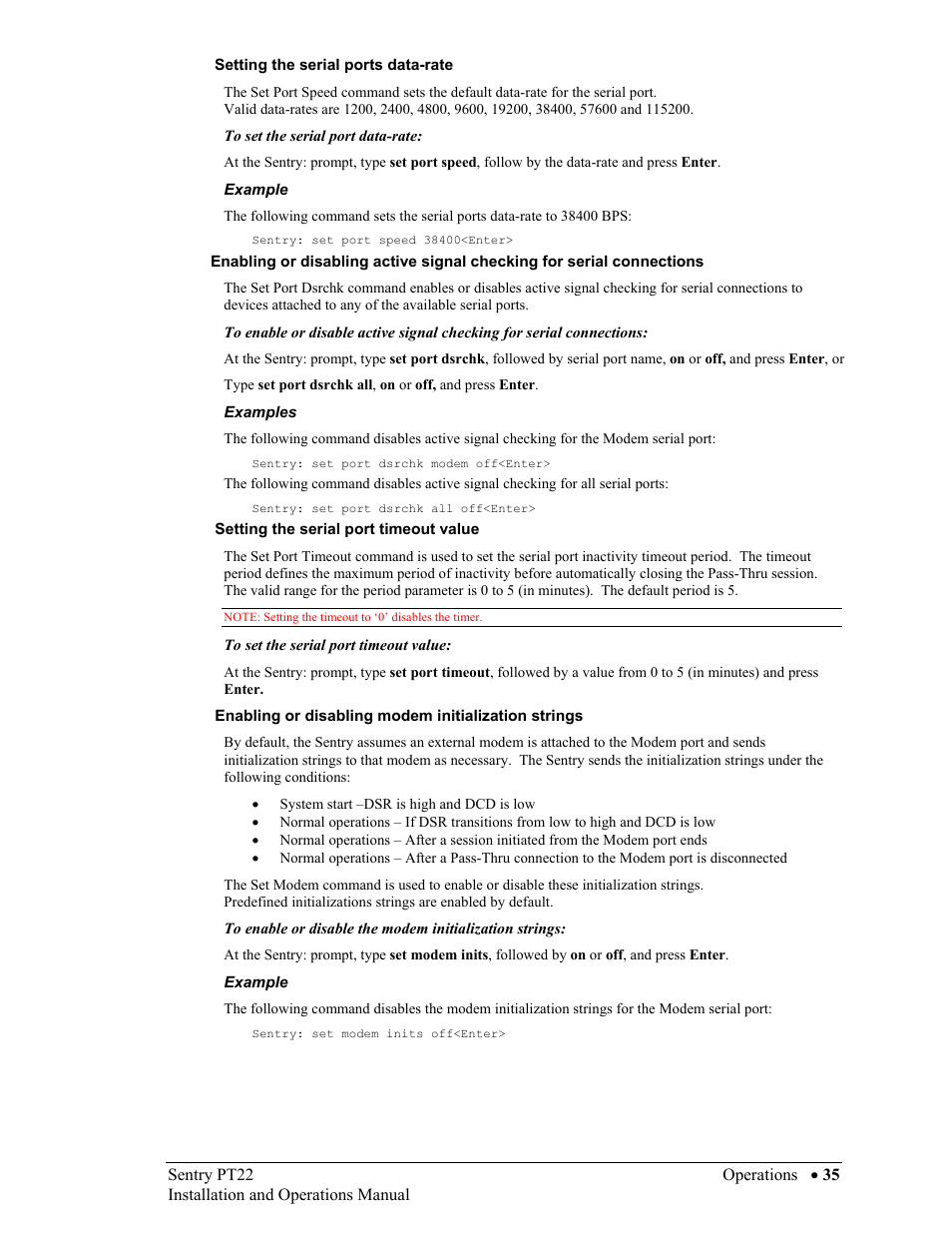 Setting the serial ports data-rate, Setting the serial port timeout value, Enabling or disabling modem initialization strings | Sentry Industries PT22 User Manual | Page 35 / 74