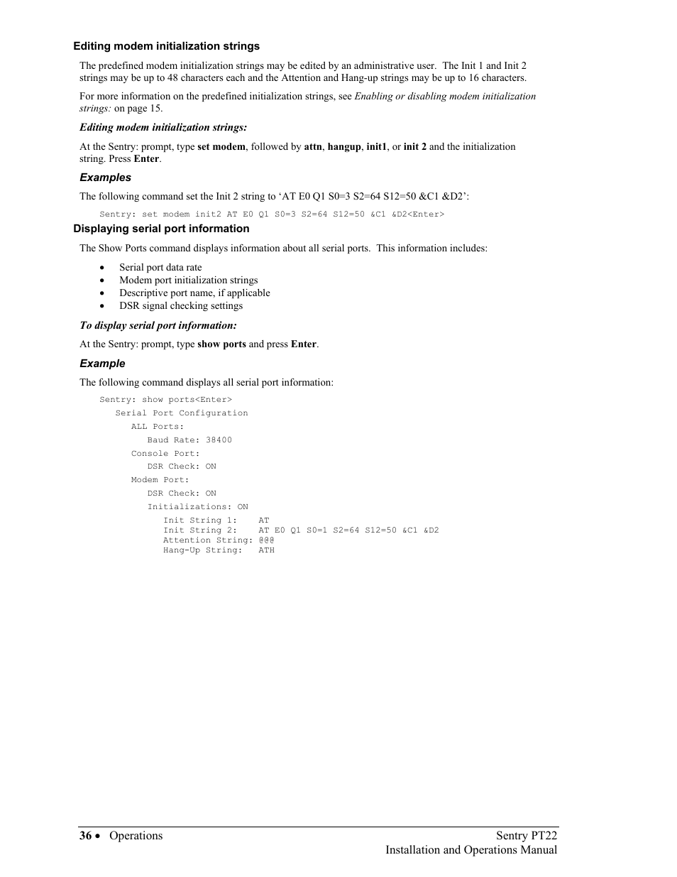 Editing modem initialization strings, Displaying serial port information | Sentry Industries PT22 User Manual | Page 36 / 74