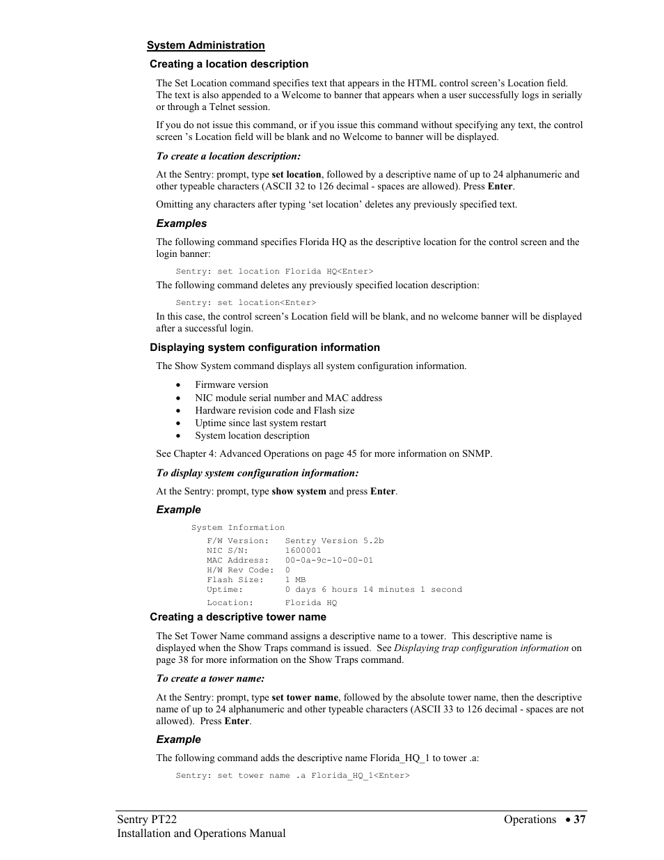 System administration, Creating a location description, Displaying system configuration information | Creating a descriptive tower name | Sentry Industries PT22 User Manual | Page 37 / 74