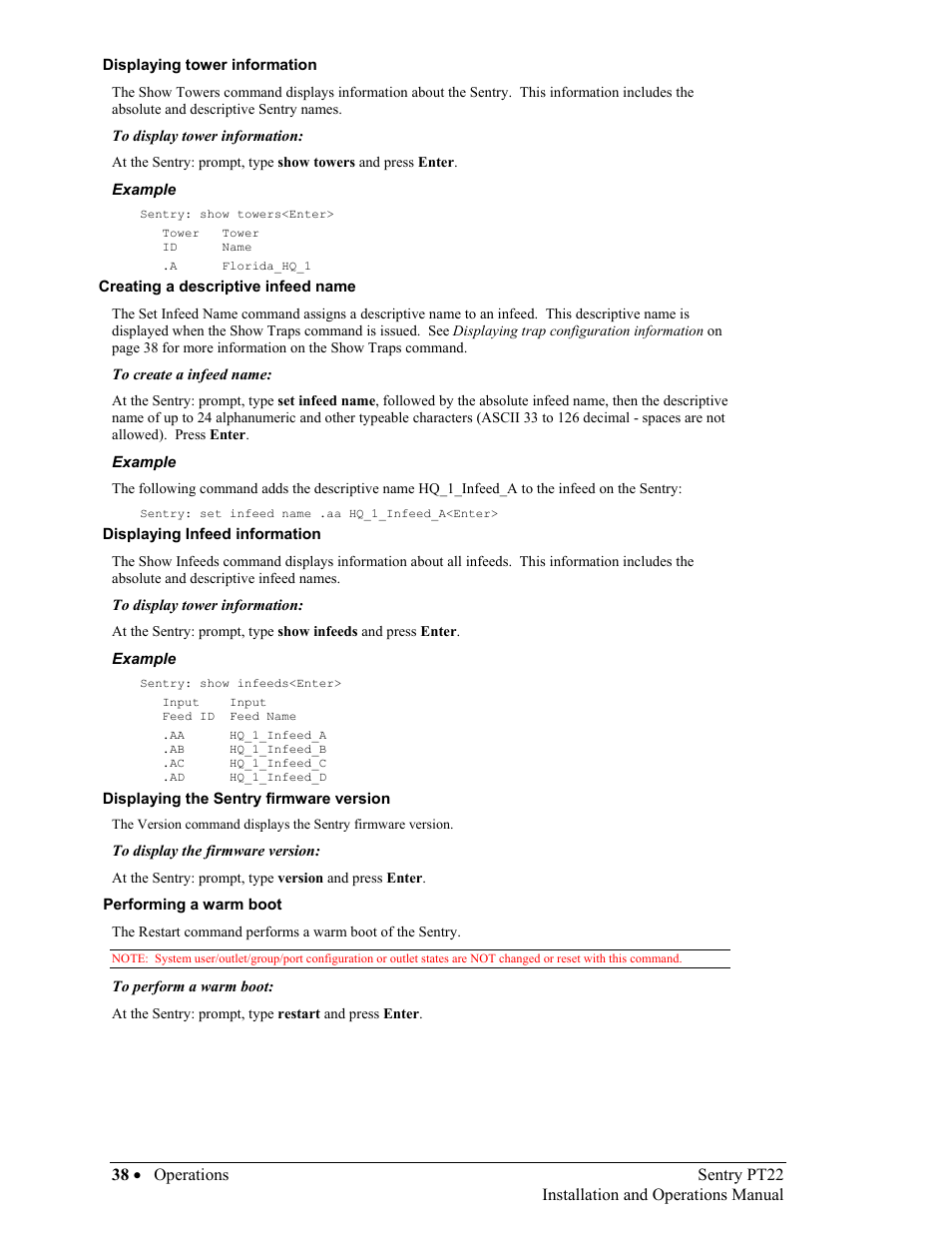 Displaying tower information, Creating a descriptive infeed name, Displaying infeed information | Displaying the sentry firmware version, Performing a warm boot | Sentry Industries PT22 User Manual | Page 38 / 74
