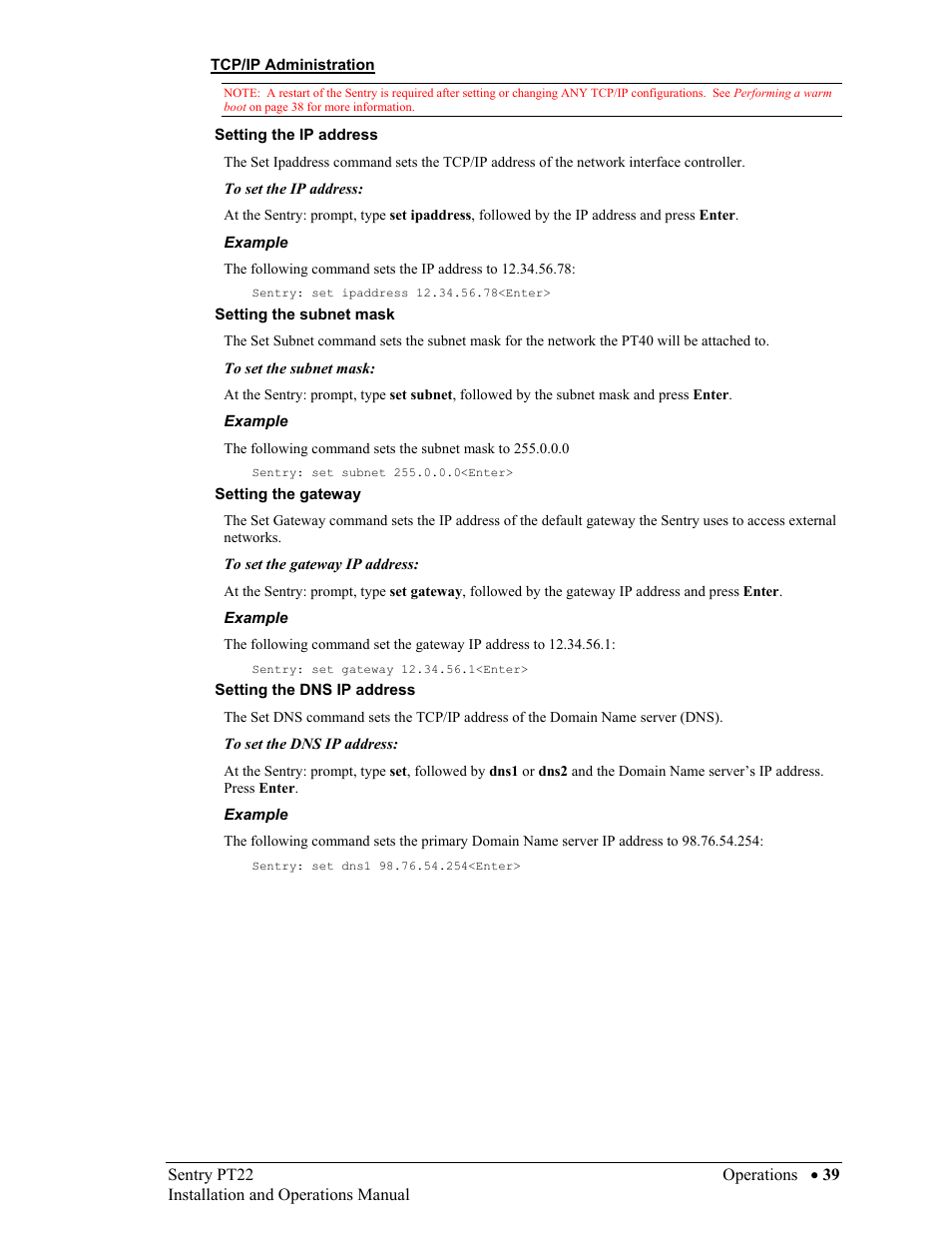 Tcp/ip administration, Setting the ip address, Setting the subnet mask | Setting the gateway, Setting the dns ip address | Sentry Industries PT22 User Manual | Page 39 / 74