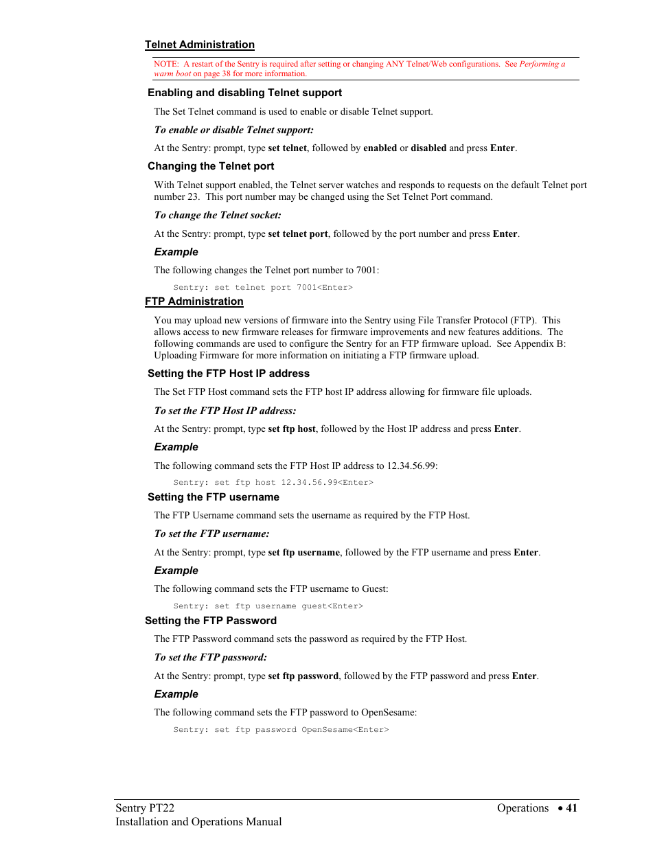 Telnet administration, Enabling and disabling telnet support, Changing the telnet port | Ftp administration, Setting the ftp host ip address, Setting the ftp username, Setting the ftp password | Sentry Industries PT22 User Manual | Page 41 / 74