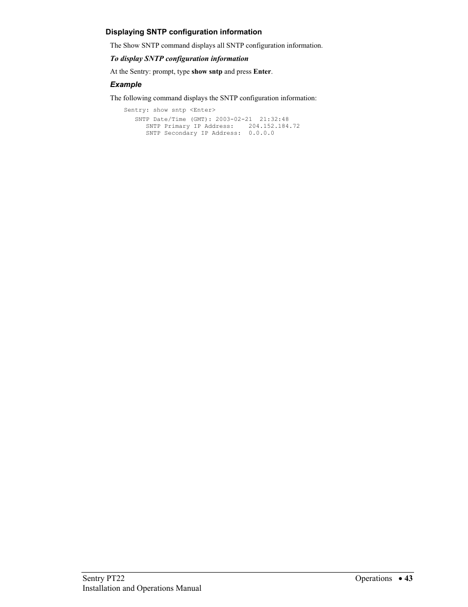 Displaying sntp configuration information | Sentry Industries PT22 User Manual | Page 43 / 74