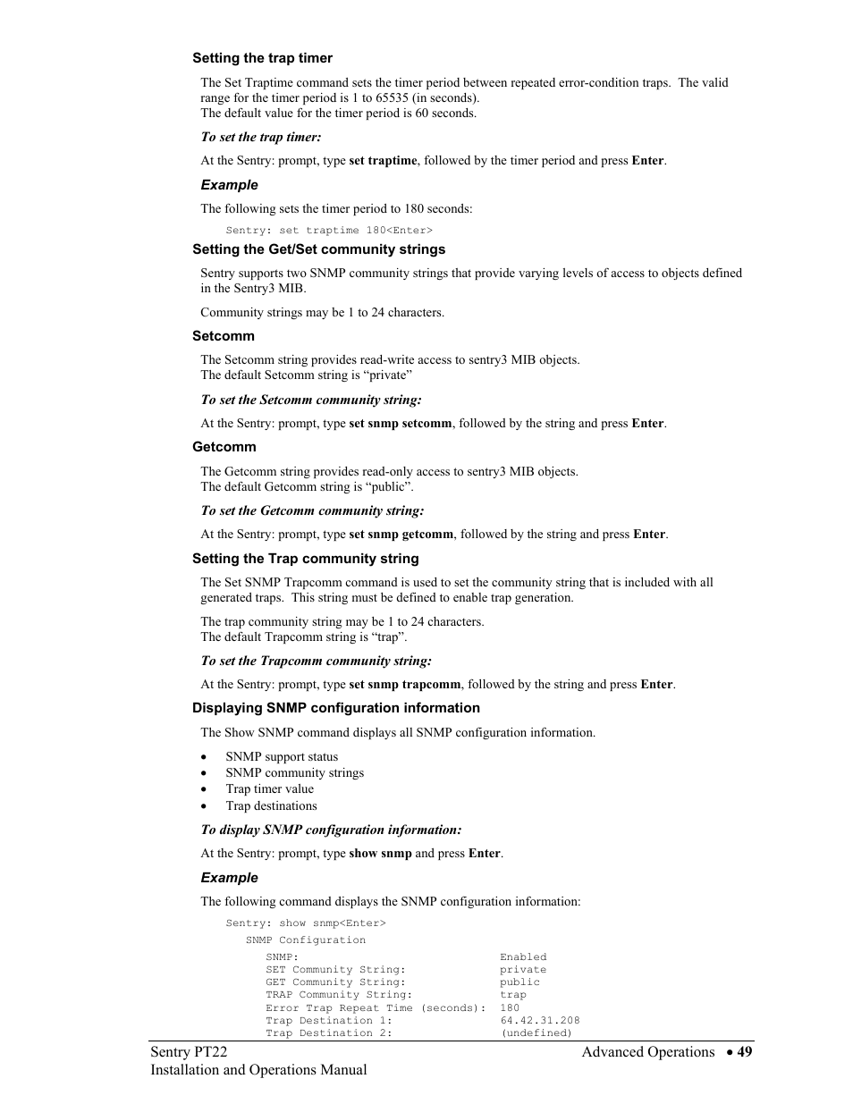 Setting the trap timer, Setting the get/set community strings, Setcomm | Getcomm, Setting the trap community string, Displaying snmp configuration information | Sentry Industries PT22 User Manual | Page 49 / 74