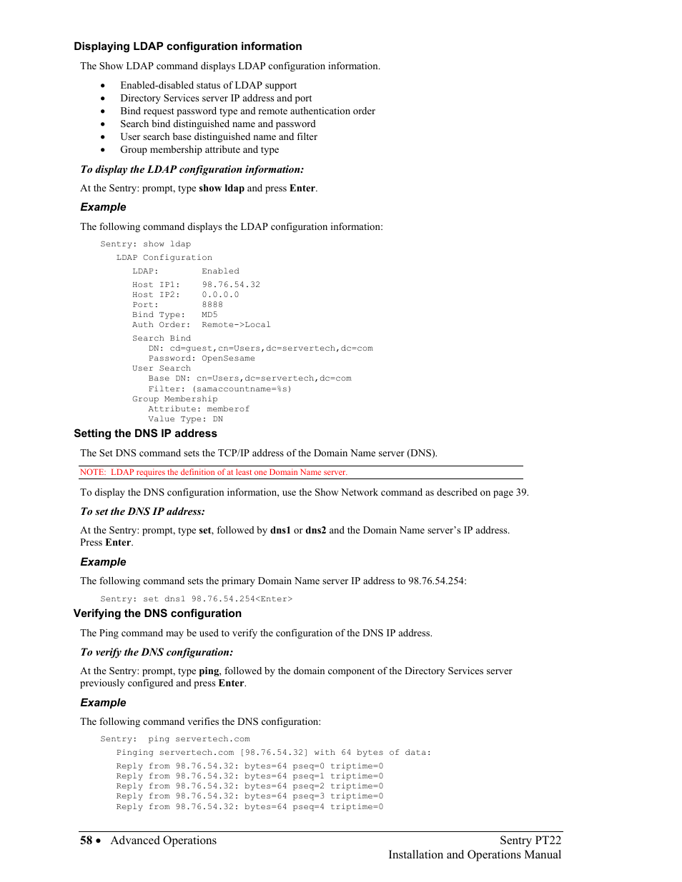 Displaying ldap configuration information, Setting the dns ip address, Verifying the dns configuration | Sentry Industries PT22 User Manual | Page 58 / 74
