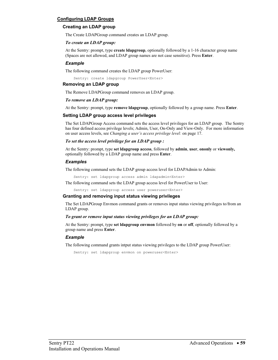 Configuring ldap groups, Creating an ldap group, Removing an ldap group | Setting ldap group access level privileges, Configuring ldap groups 59 | Sentry Industries PT22 User Manual | Page 59 / 74