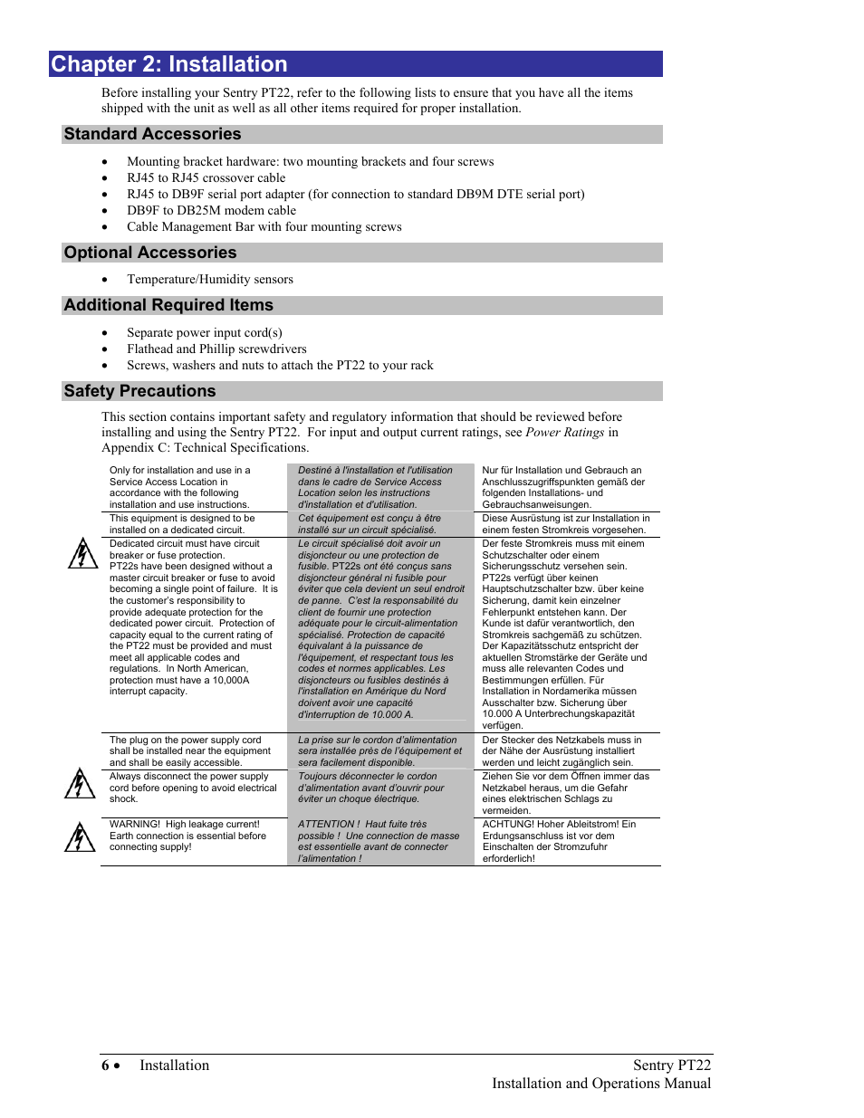 Installation, Standard accessories, Optional accessories | Additional required items, Safety precautions, Hapter, Nstallation, Chapter 2: installation | Sentry Industries PT22 User Manual | Page 6 / 74