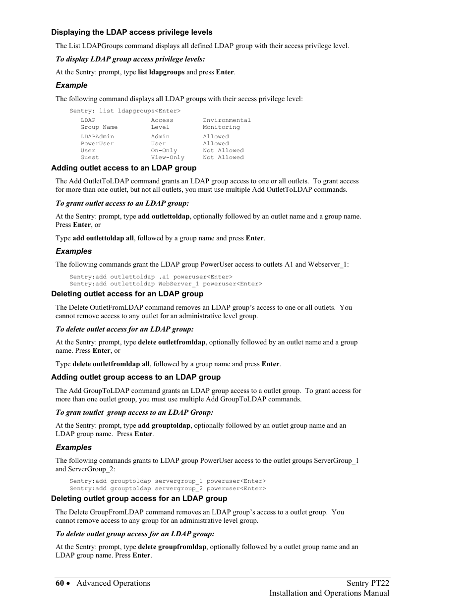 Displaying the ldap access privilege levels, Adding outlet access to an ldap group, Deleting outlet access for an ldap group | Adding outlet group access to an ldap group, Deleting outlet group access for an ldap group | Sentry Industries PT22 User Manual | Page 60 / 74