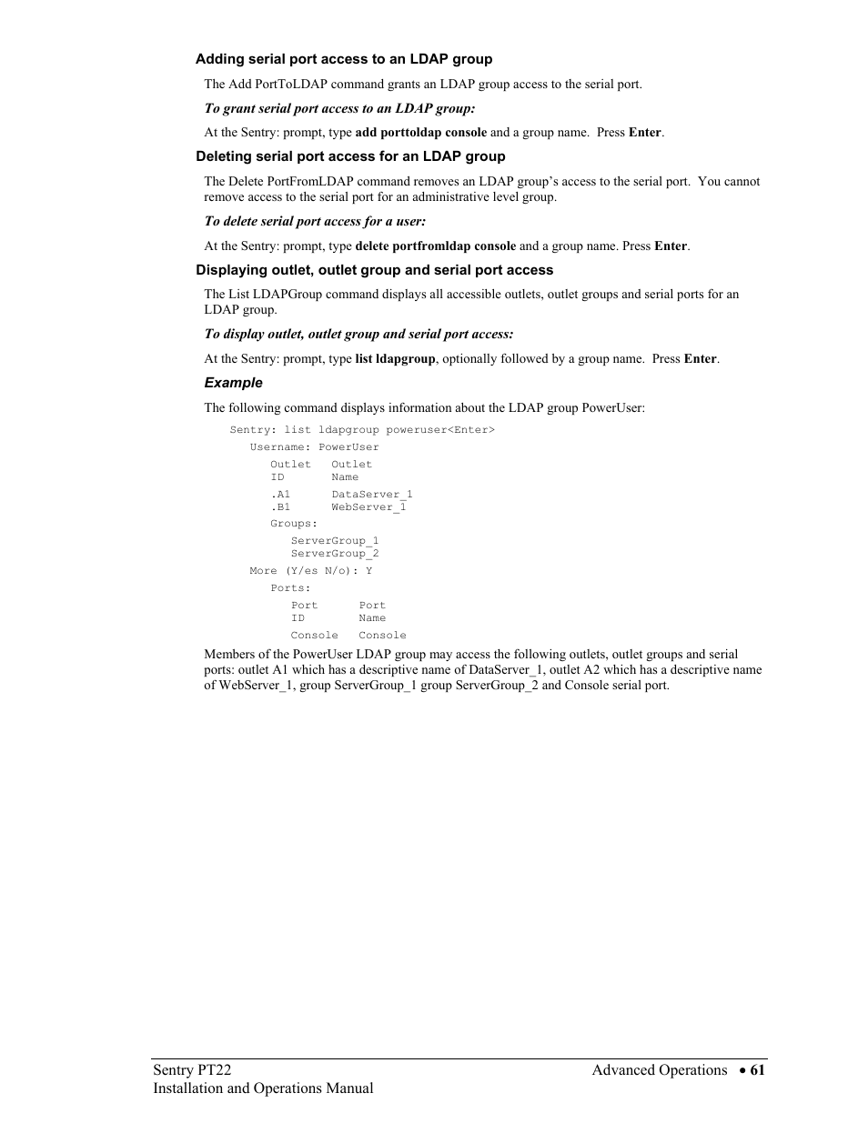 Adding serial port access to an ldap group, Deleting serial port access for an ldap group | Sentry Industries PT22 User Manual | Page 61 / 74