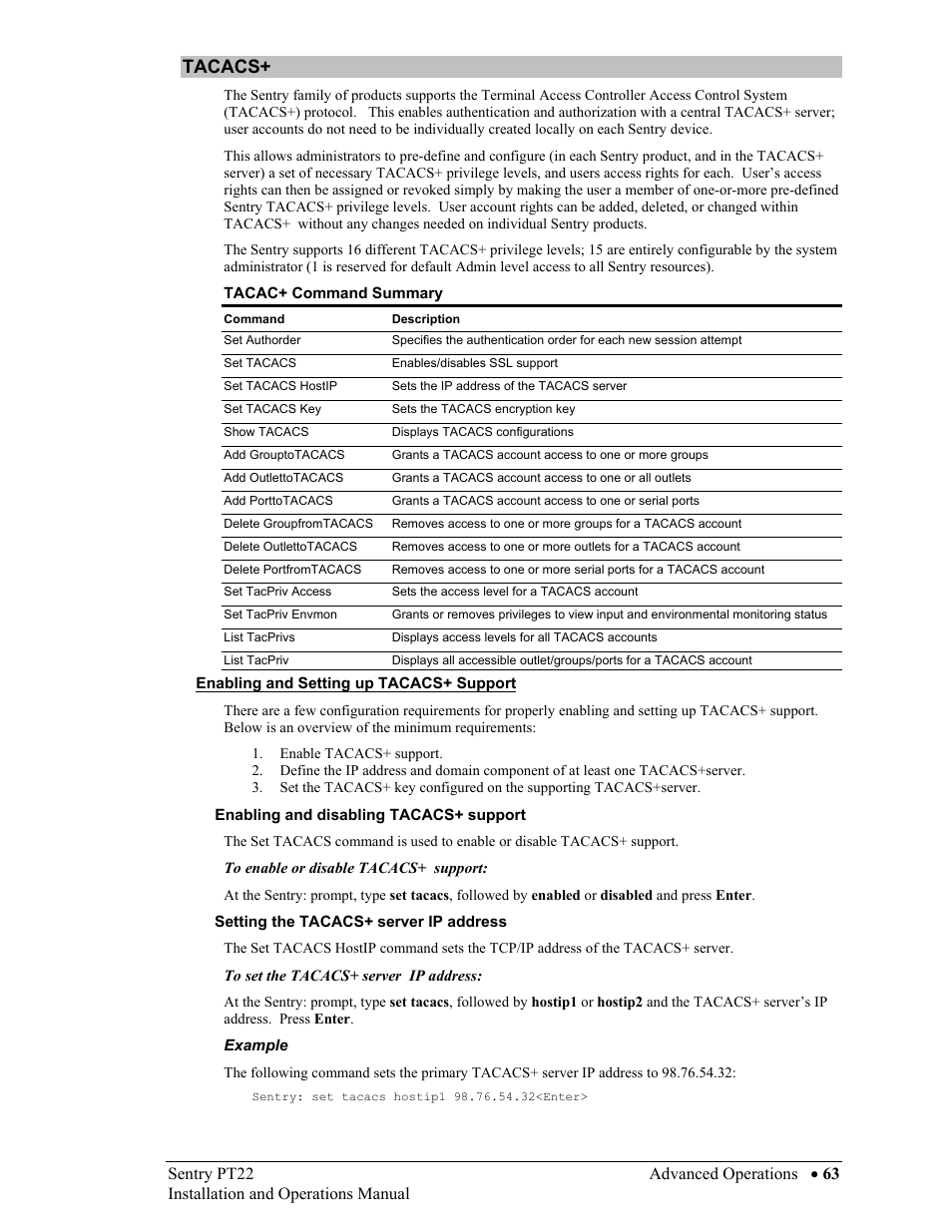 Tacacs, Enabling and setting up tacacs+ support, Enabling and disabling tacacs+ support | Setting the tacacs+ server ip address, Tacacs+ 63, Enabling and setting up tacacs+ support 63 | Sentry Industries PT22 User Manual | Page 63 / 74