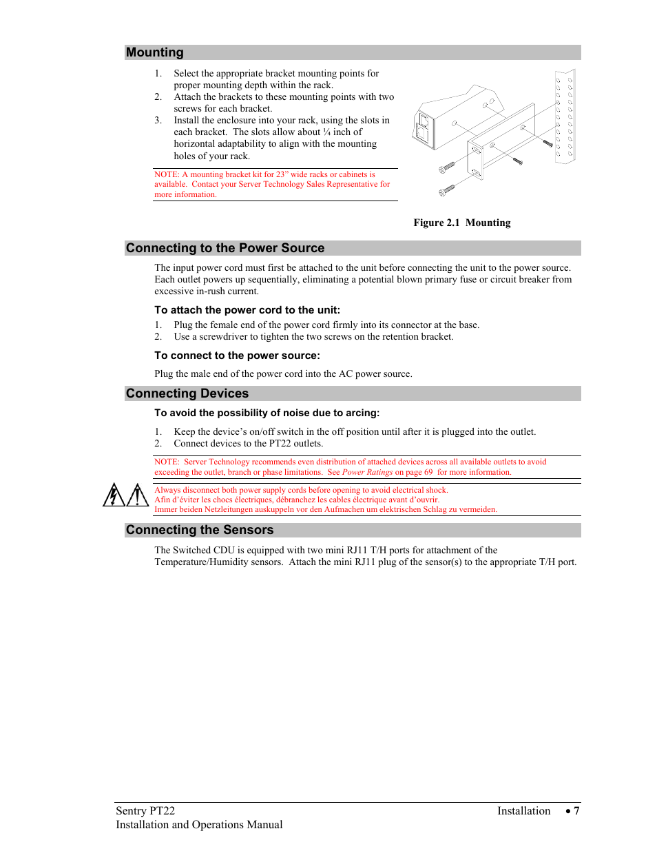 Mounting, Connecting to the power source, Connecting devices | Connecting the sensors | Sentry Industries PT22 User Manual | Page 7 / 74