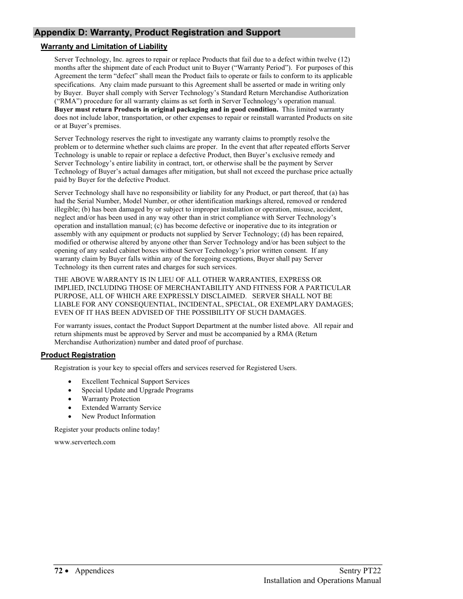 Warranty, product registration and support, Warranty and limitation of liability, Product registration | Sentry Industries PT22 User Manual | Page 72 / 74