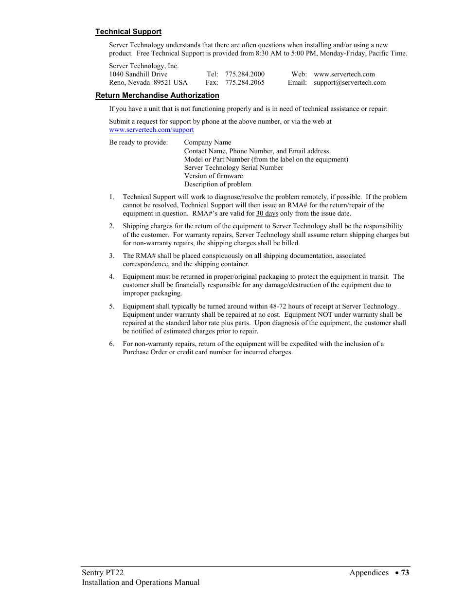 Technical support, Return merchandise authorization | Sentry Industries PT22 User Manual | Page 73 / 74
