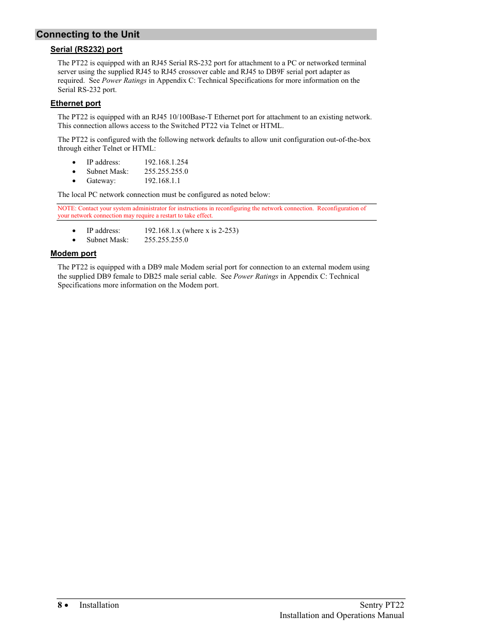 Connecting to the unit, Serial (rs232) port, Ethernet port | Modem port | Sentry Industries PT22 User Manual | Page 8 / 74