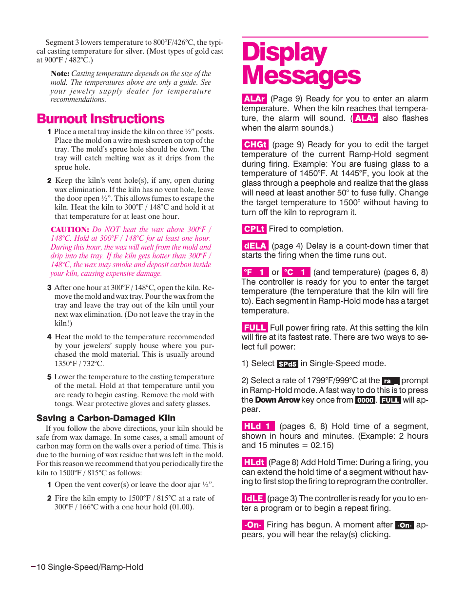 Display messages, Burnout instructions | Sentry Industries Sentry Xpress 4.0 User Manual | Page 10 / 16